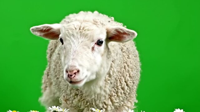 A fluffy white lamb with soft wool looking forward, standing in white flowers against a vibrant green background.