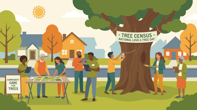 Diverse community volunteers conducting tree census flat illustration