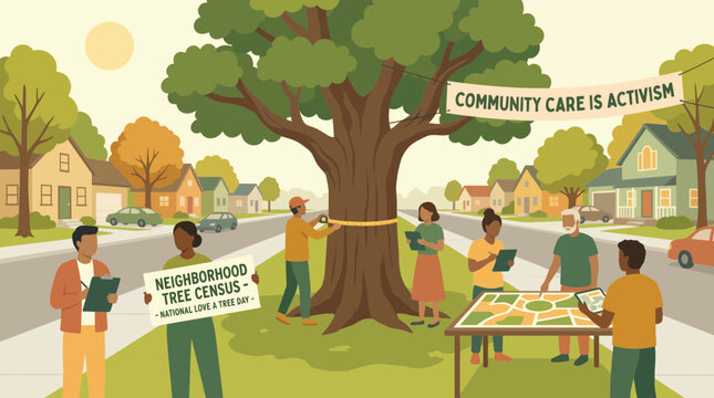 Community Volunteers Conducting Neighborhood Tree Census Illustration