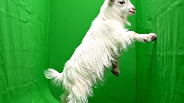A white goat with long fur standing on its hind legs against a green screen background in a studio setting.