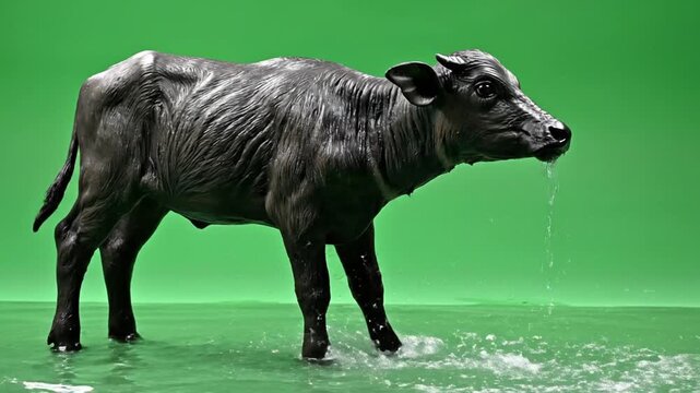 A young black water buffalo calf stands in shallow water with a green screen background, water dripping from its mouth.