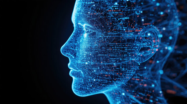 Digital human profile with layered data flow and glowing circuitry, futuristic neural