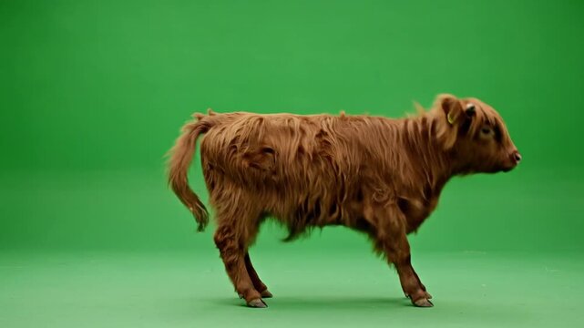 A shaggy brown Highland calf stands in profile against a vibrant green screen background in a studio setting.