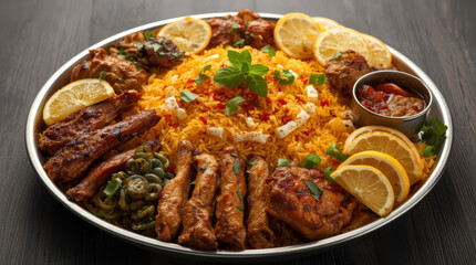 Fototapeta premium Saffron rice platter with grilled chicken, lemon slices and herbs, warm and savory