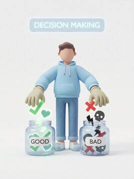 Conceptual 3D illustration of a character contemplating choices, weighing positive and negative options, symbolizing the process of ethical decision-making and selecting the right path