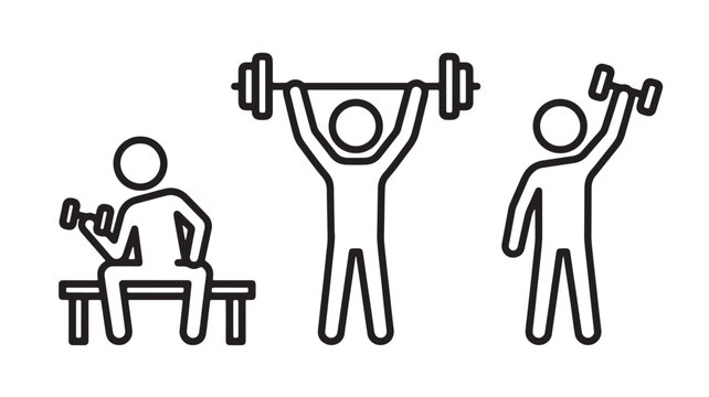 Weightlifting icon set with barbell, lifter silhouettes, and gym strength workout symbols in clean line art