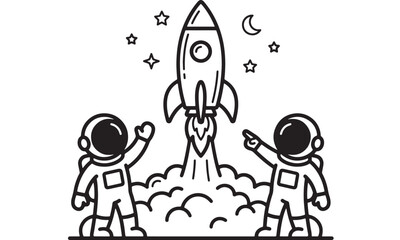 Rocket ship launching with astronauts in space, hand drawn doodle style on white background for science and exploration © RASHIDAPARVIN