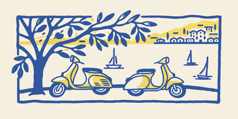 mediterranean scene with scooters and sailboats vintage illustration style © Usa