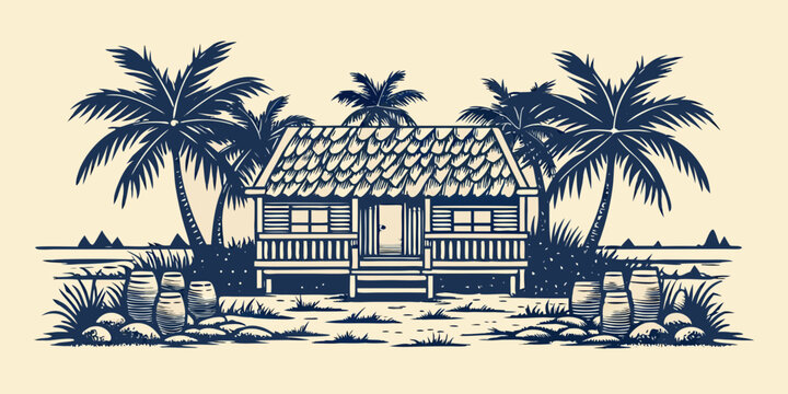 tropical beach hut illustration with palm trees and thatched roof