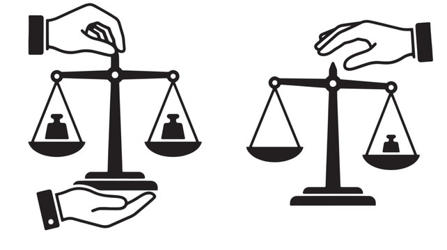Scales of justice icon with hands holding cash and money symbol, balance law concept illustration in black outline