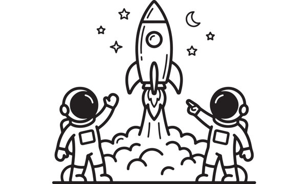 Rocket ship launching with astronauts in space, hand drawn doodle style on white background for science and exploration