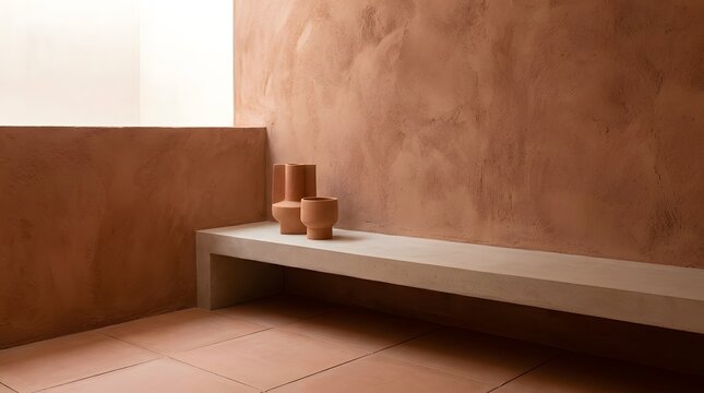 Minimalist Interior Design Featuring Terracotta Walls and Simple Vases on a Concrete Bench