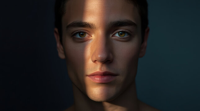 Young man portrait with dramatic vertical light across face conveying calm emotion