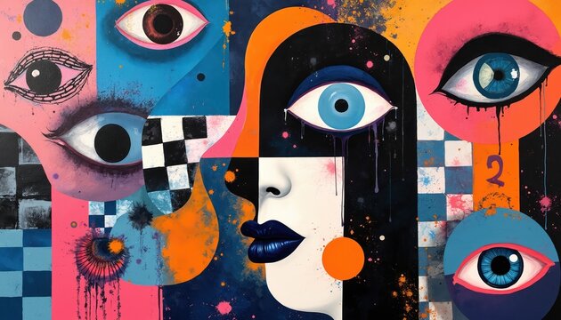 Abstract art with multiple eyes and geometric shapes. Vibrant colors and paint splatters create a dynamic, modern, and surreal visual composition. Features bold patterns and a partial face.