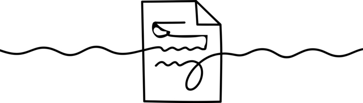 Continuous single line drawing of a paper document with text lines and a scribble doodle sketch icon for business and office work concepts Vector, illustration