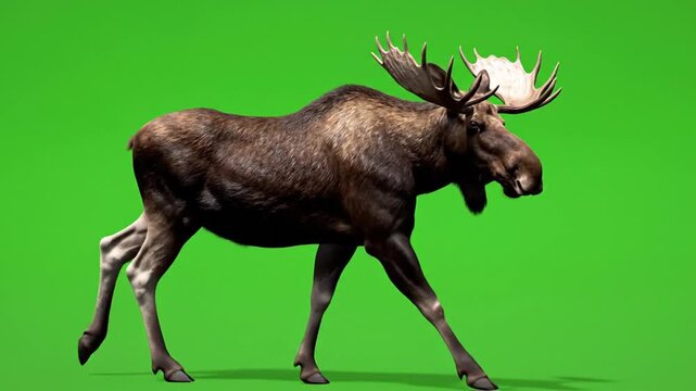 A large brown moose with impressive antlers walking on a vibrant green screen background.
