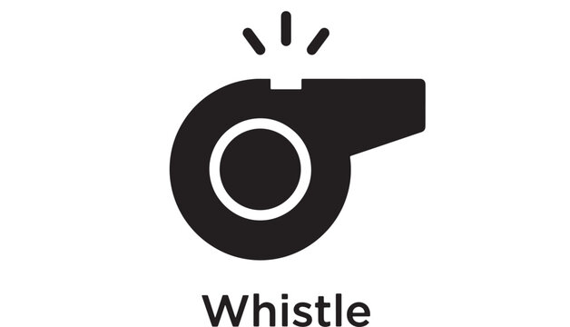 Whistle icon with bold black circle, white highlight ring, and alert sound marks for sports and referee signals