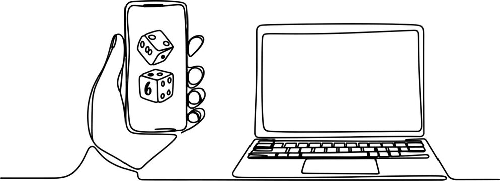 Continuous single line drawing of hand holding smartphone with dice on screen next to a laptop computer for online gambling or gaming concept Vector, illustration