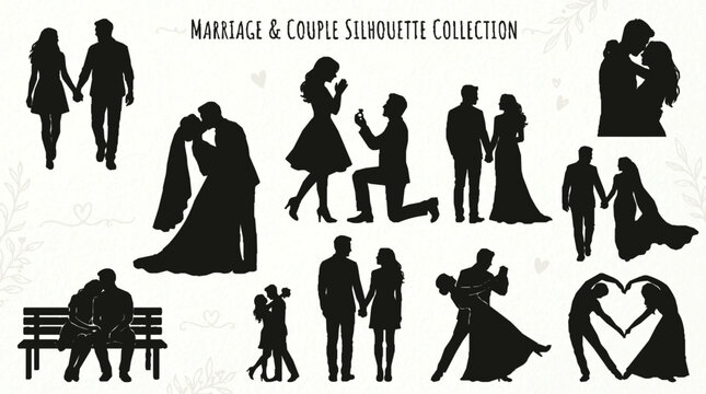 Silhouette collection of romantic couples in love kissing dancing embracing and sitting on a bench in elegant poses