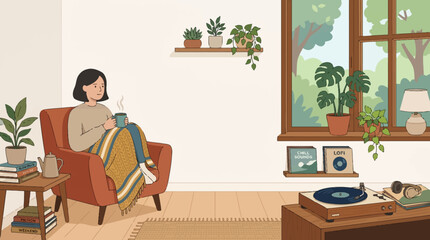 Fototapeta premium Cozy Lofi Girl Relaxing in Armchair with Coffee and Vinyl Music - Hygge Lifestyle Illustration with Indoor Plants and Home Decor.