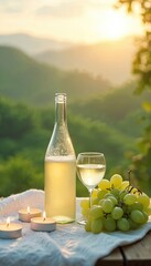 Naklejka premium Bottle and glass of white wine with grapes and candles on table. Evening sunset over green hills. Outdoor picnic setting with soft warm light. Romantic atmosphere for celebration or relaxation.