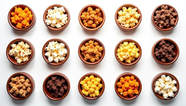 Various bowls filled with assorted popcorn flavors. Sweet, cheese, and caramel popcorn arranged for sharing and snacking. Enjoy a colorful selection of crispy treats.