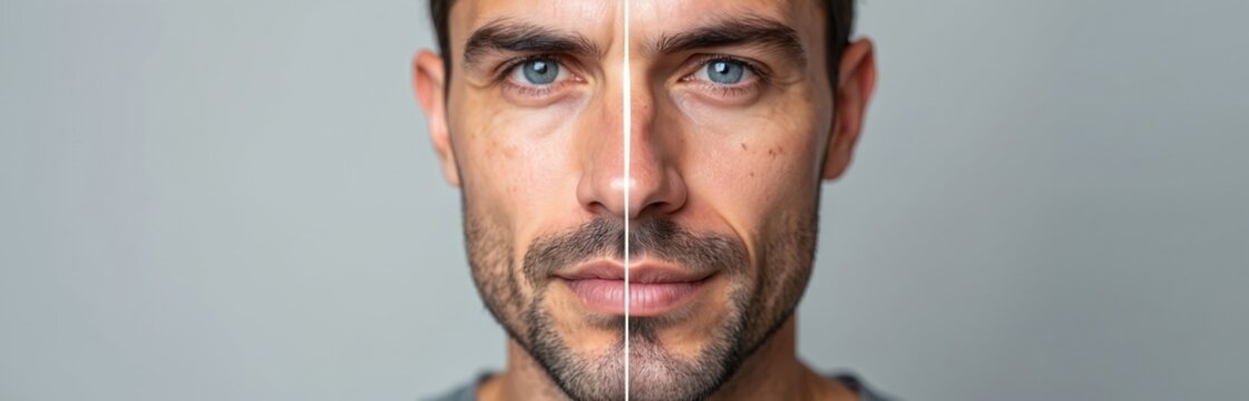Split image shows man with tired eyes, dark circles, puffiness, skin folds on left side, smoother skin on right side. This visual demonstrates effects of aging, potential cosmetic treatments.