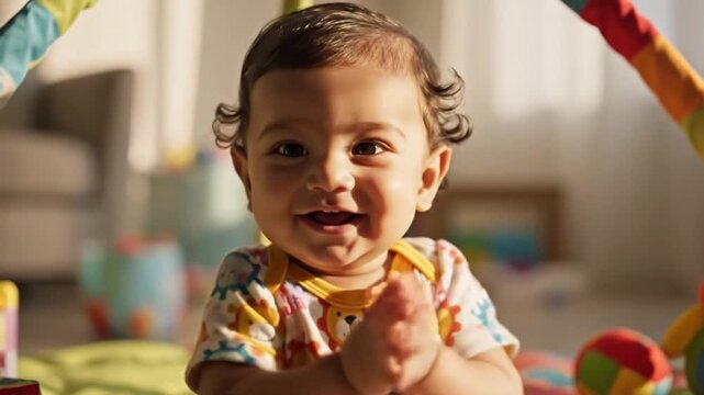 Happy Baby Clapping Hands and Smiling While Playing Indoors
