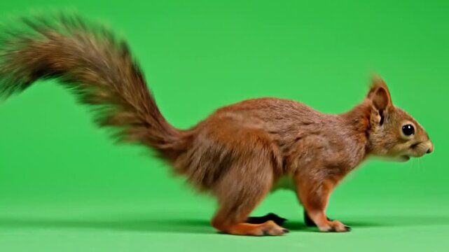 A red squirrel with a bushy tail in a dynamic pose against a vibrant green background.
