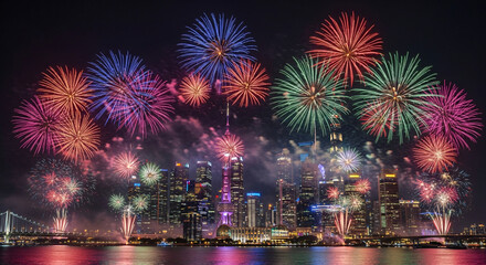 Obraz premium Vibrant Fireworks Exploding over a Modern City Skyline and Reflecting Water at Night