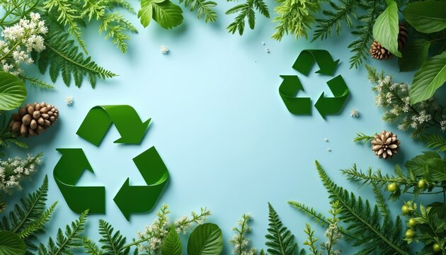 Green recycle logos sit among lush green foliage, pine cones and white flowers on light blue background. Eco friendly nature concept for sustainability and conservation.