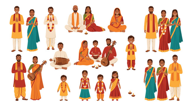 Flat vector set of Indian people families and musicians in traditional clothes wearing holy tilak playing sitar and celebrating.