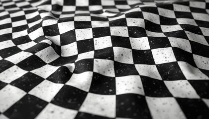 Obraz premium Wavy black and white checkered pattern with vintage texture distorts perspective. Abstract graphic surface with geometric shapes and illusory effect.