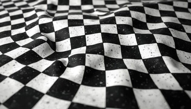 Wavy black and white checkered pattern with vintage texture distorts perspective. Abstract graphic surface with geometric shapes and illusory effect.