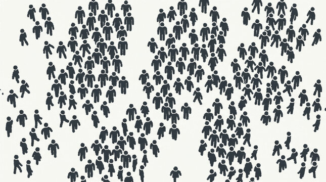 Silhouettes of a large crowd of people viewed from above in a minimalist style black icons against a white background simplified