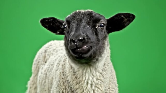 A close-up shot of a young lamb with a black face and white wool looking directly at the camera with a slight smirk on a vibrant green background.