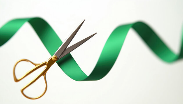 Gold scissors cut green ribbon symbolizing new beginning. Event launch or business opening ceremony start. Achievement and milestone celebration tool. Festive occasion success. Growth opportunity.