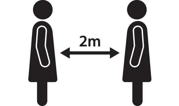 People distance sign with two figures and arrows showing 2m separation for safety compliance featuring social distancing, 2m, health with hygiene and