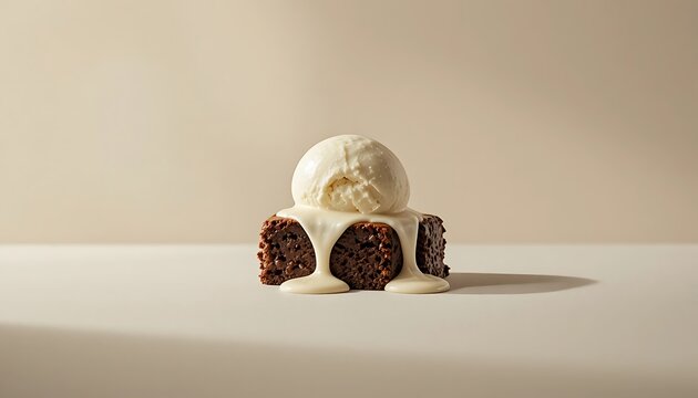 Chocolate brownie topped with melting vanilla ice cream served on a light surface against a beige background.