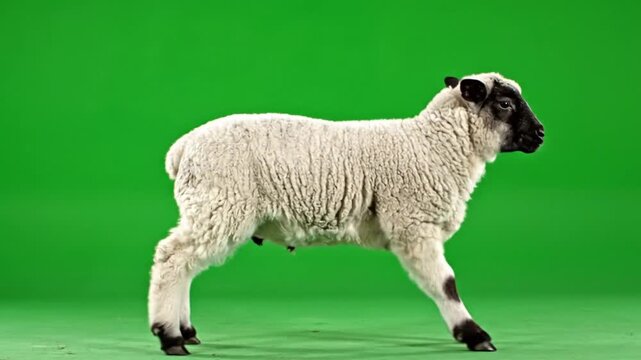 A young white lamb with a black face standing in profile against a vibrant green background.