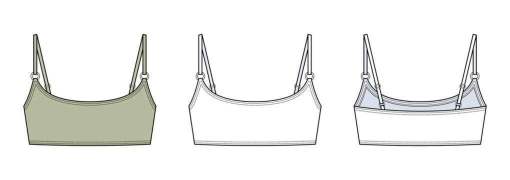 Bralette Bikini Top Technical Fashion Illustration. Women Swimwear Vector Template. Front View. Adjustable Spaghetti Straps with Ring Hardware. Scoop Neckline. Clean Design. CAD Mockup Set.