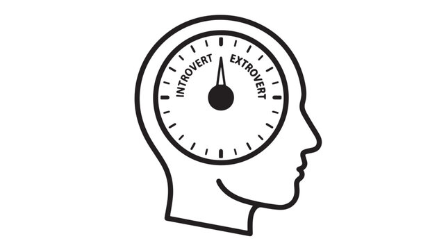 Head clock icon with introvert and extrovert labels and a central pointer for personality balance concept