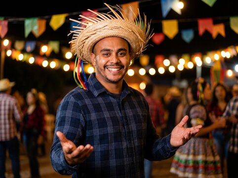 Happy Brazilian Man Celebrating Festa Junina at Colorful Night Festival