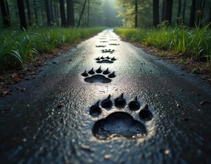 Fototapeta premium Bear paw prints mark a wet forest path. Shadows stretch long on the trail leading through rich green grass and tall trees. Sunlight streams through the canopy creating a mysterious atmosphere.