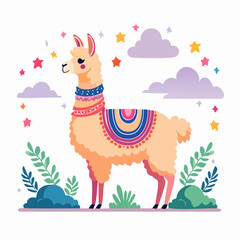 Fototapeta premium Cute Cartoon Llama with Colorful Blanket and Stars