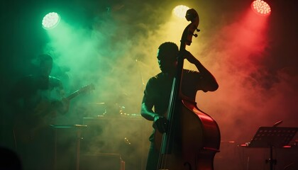 Fototapeta premium A man plays bass on stage, illuminated by colorful lights, celebrating Black Music Month and African American musical heritage