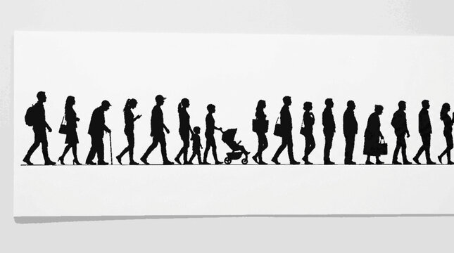 Silhouetted figures in an orderly queue with varied poses and a minimalist design on a plain background