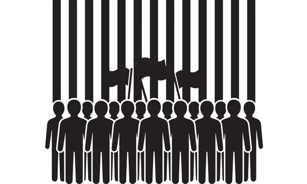 People silhouettes with raised rifles and stacked vertical bars, symbolizing group conflict and protective defense