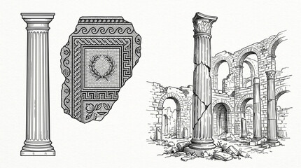 Ancient Roman architectural elements and ruins illustration. © Mutmainah