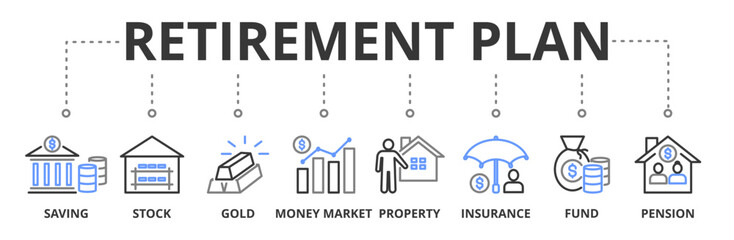 Retirement plan banner vector illustration concept with icons of saving, stock, gold, money market, property, insurance, fund and pension © Difaraicon